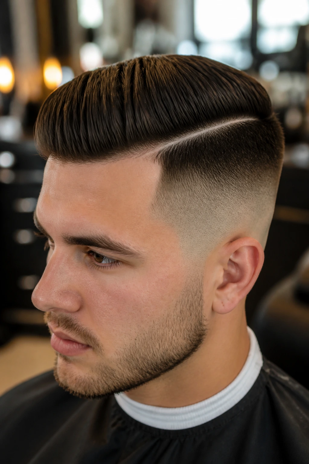 Close-up portrait of a real person with a sharp hard part undercut and slick top