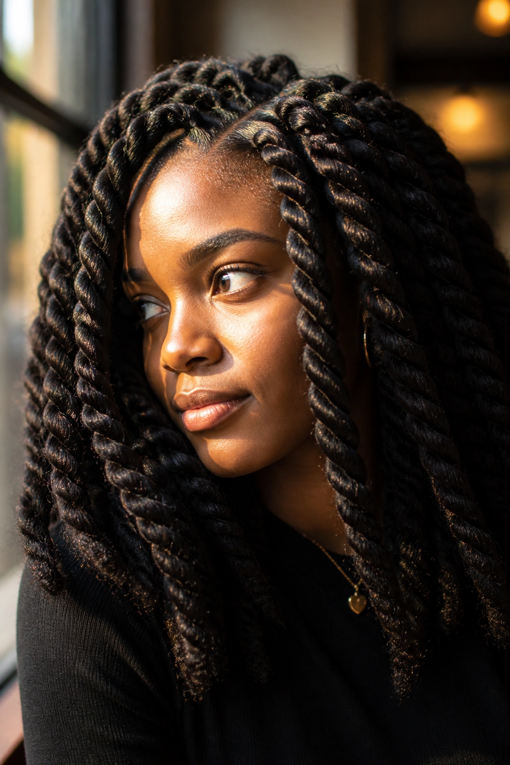 Portrait of a real person with big Havana twists in natural light