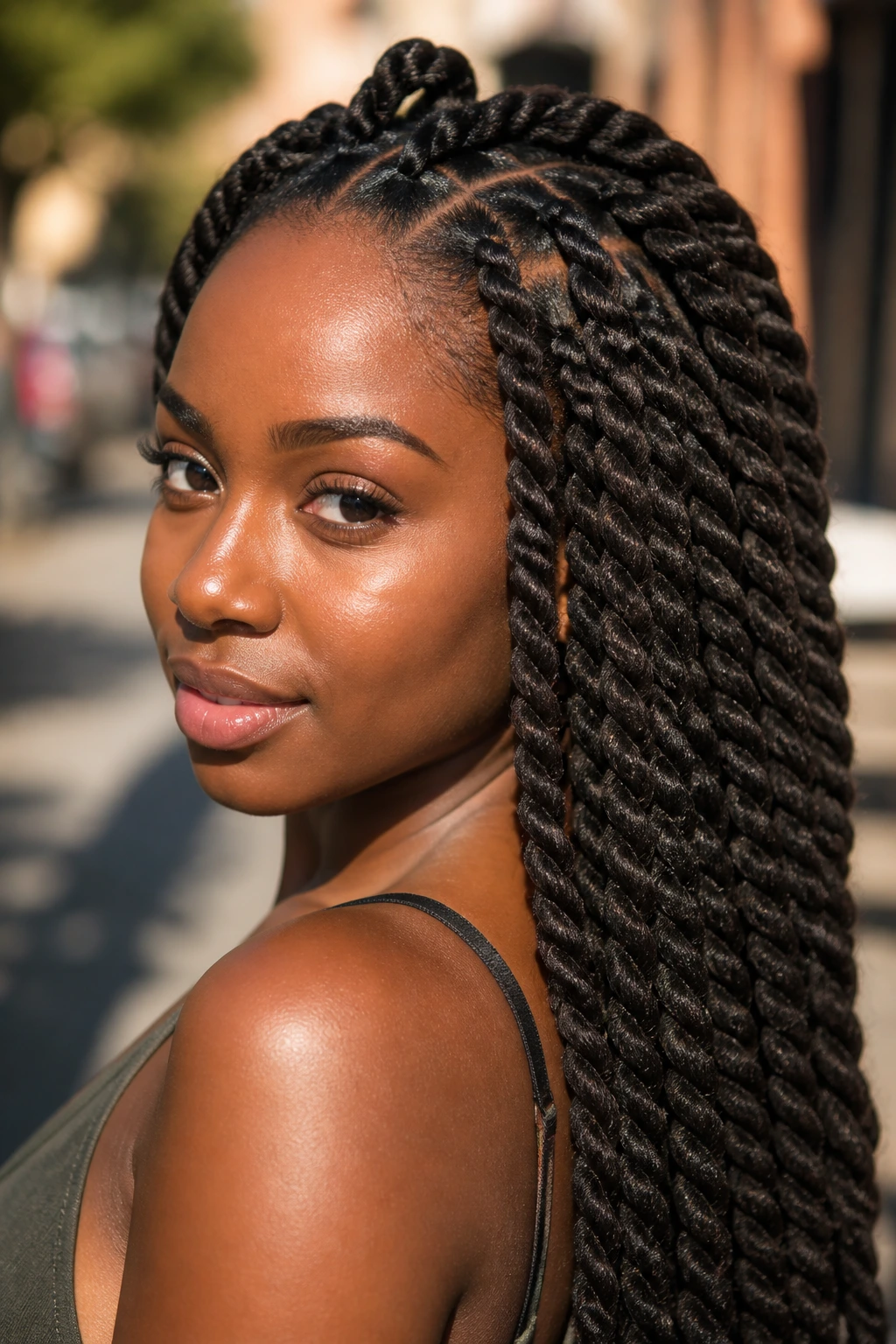 Close-up of a real woman with Havana twists on a sunny street