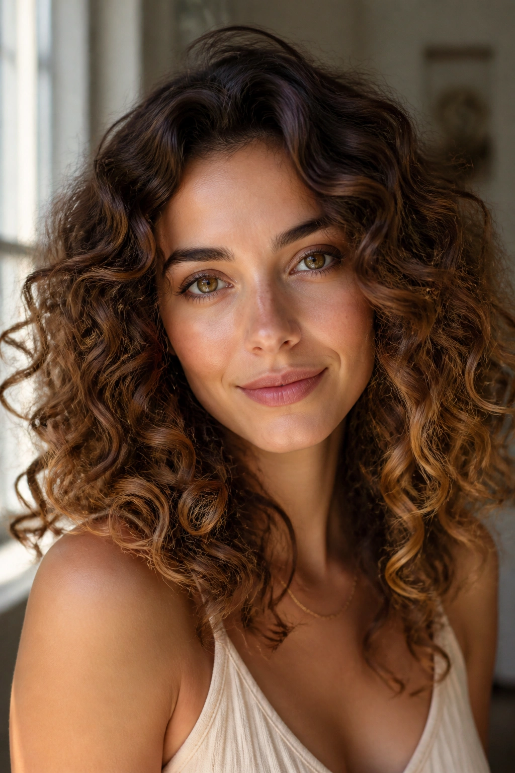 Close-up of a real woman with hazel brown hair and sunlit ends, curly hair.