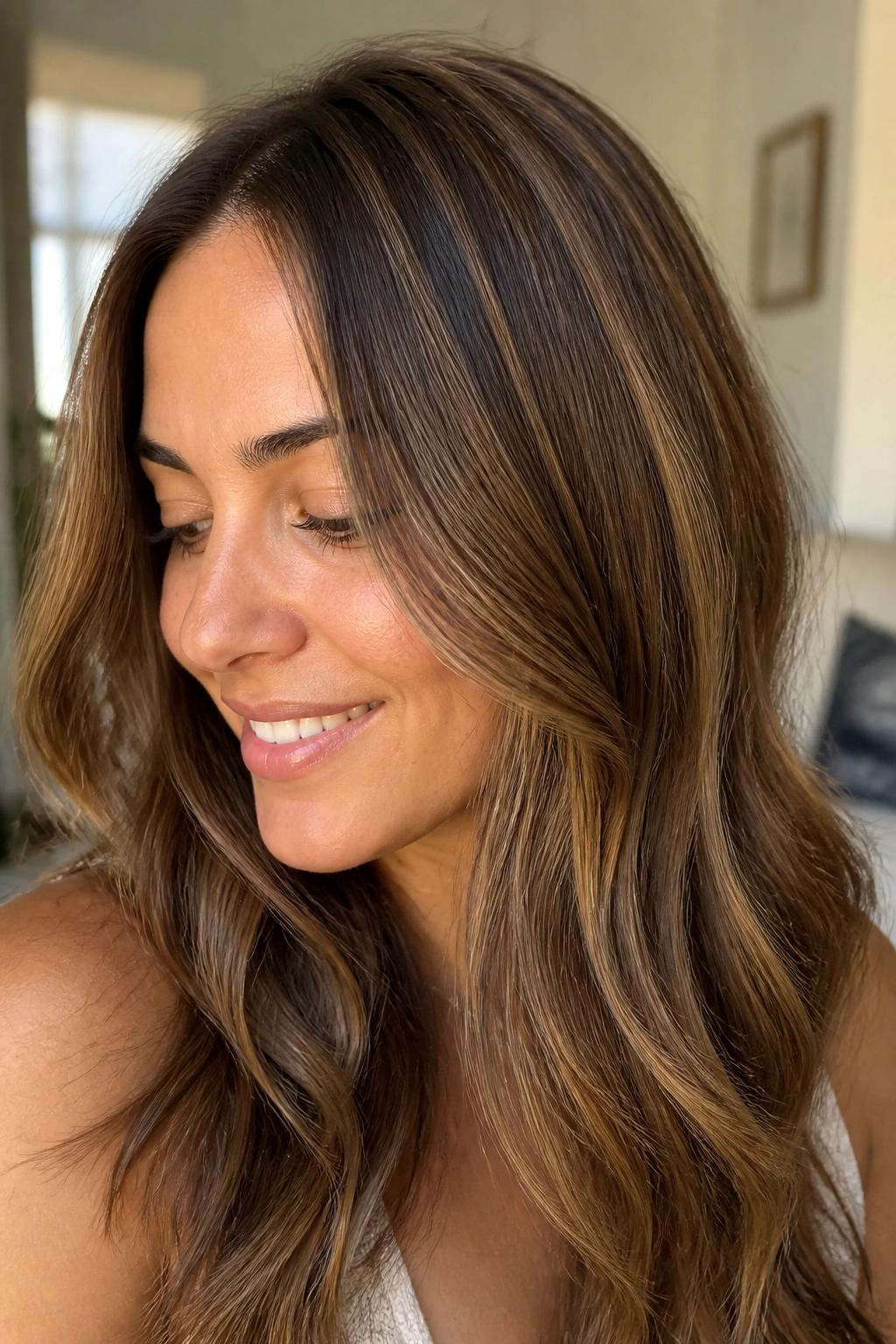 Close-up of a real woman with barely-there hazelnut babylights through brown hair.