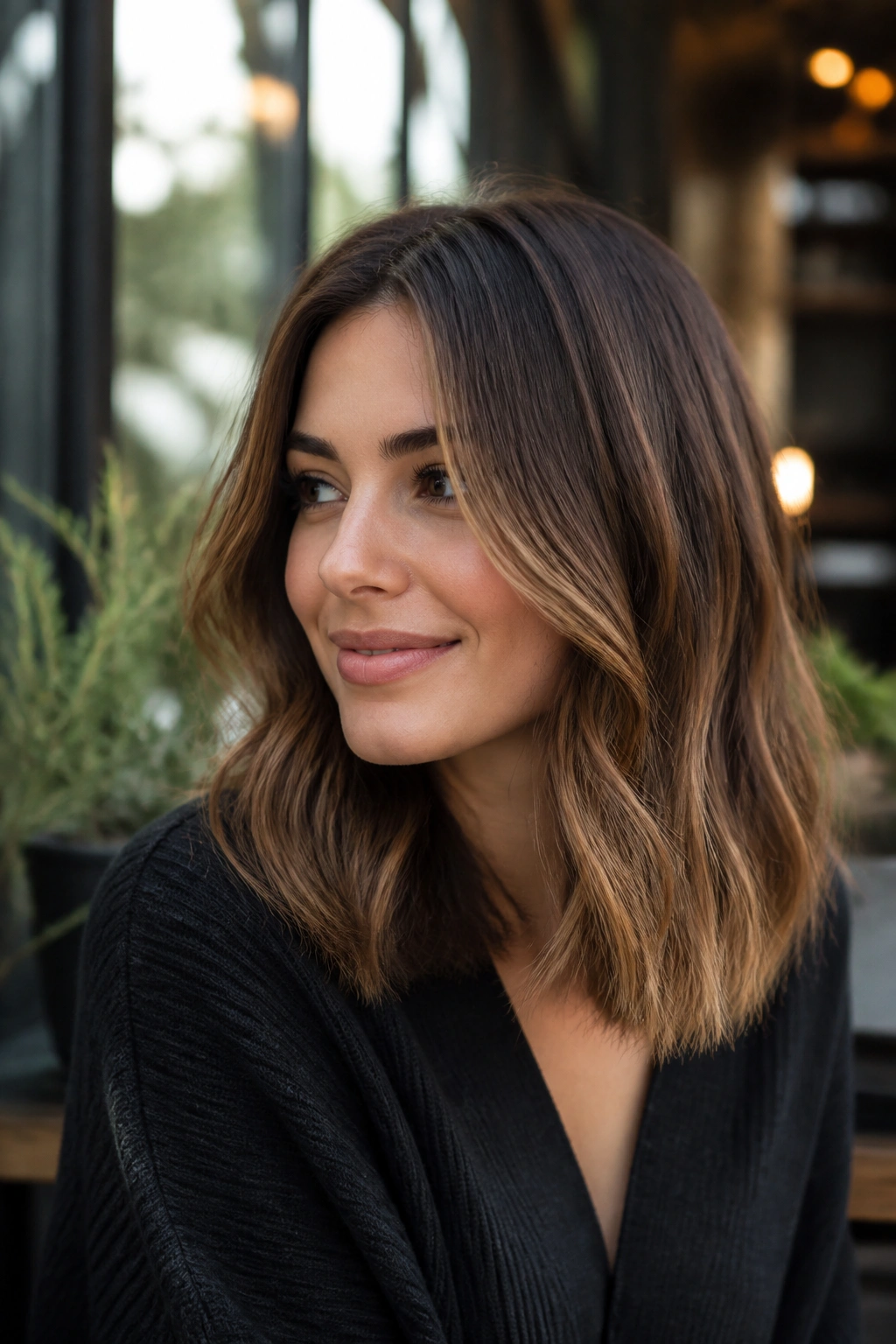 Close-up of shoulder-length brown hair with hazelnut balayage.