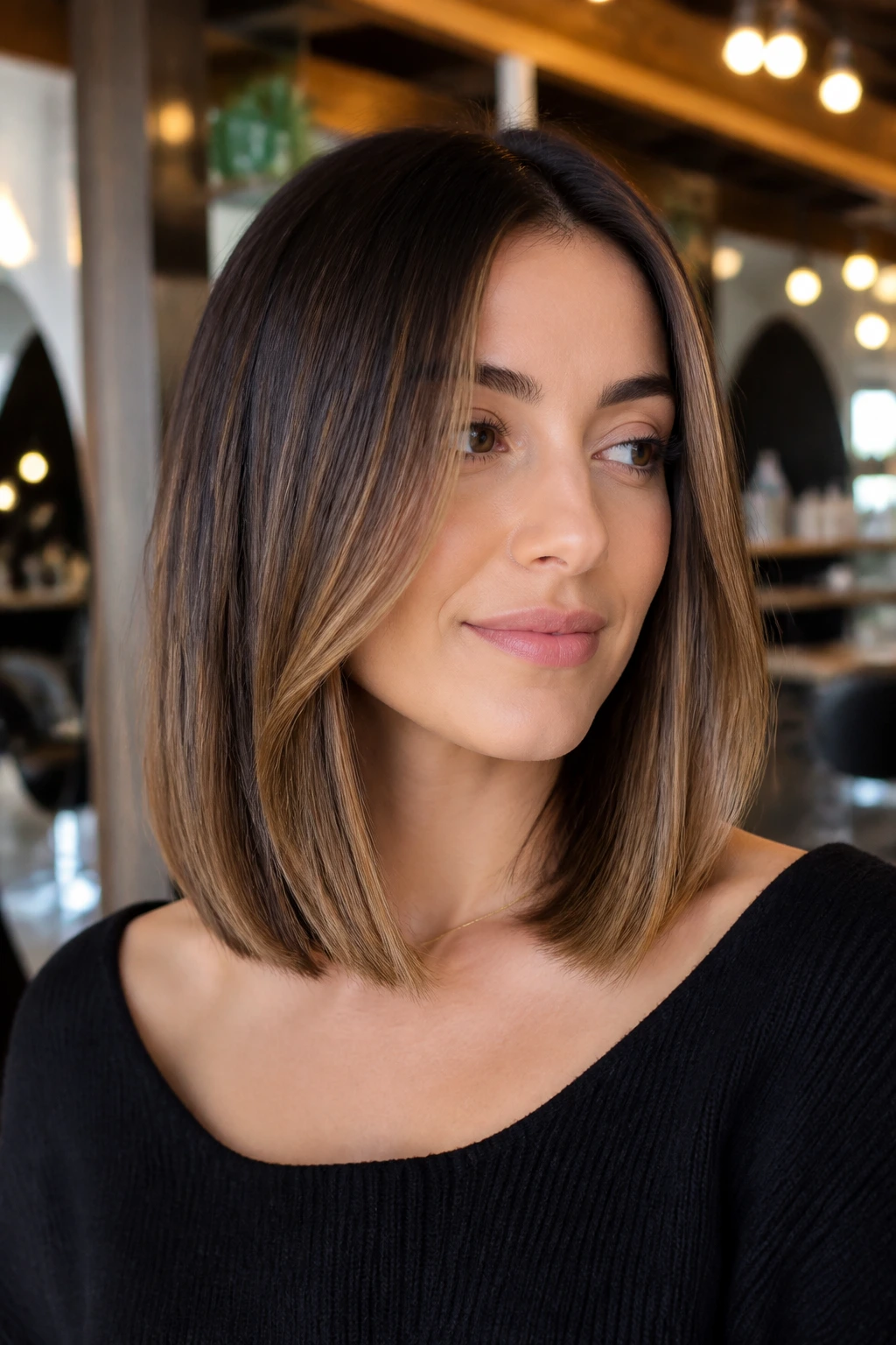 Portrait of a real woman with hazelnut balayage on a collarbone cut, sleek and polished