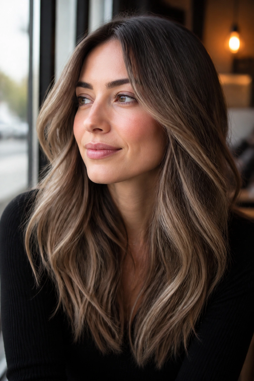 Portrait of a woman with cool hazelnut balayage and beige highlights