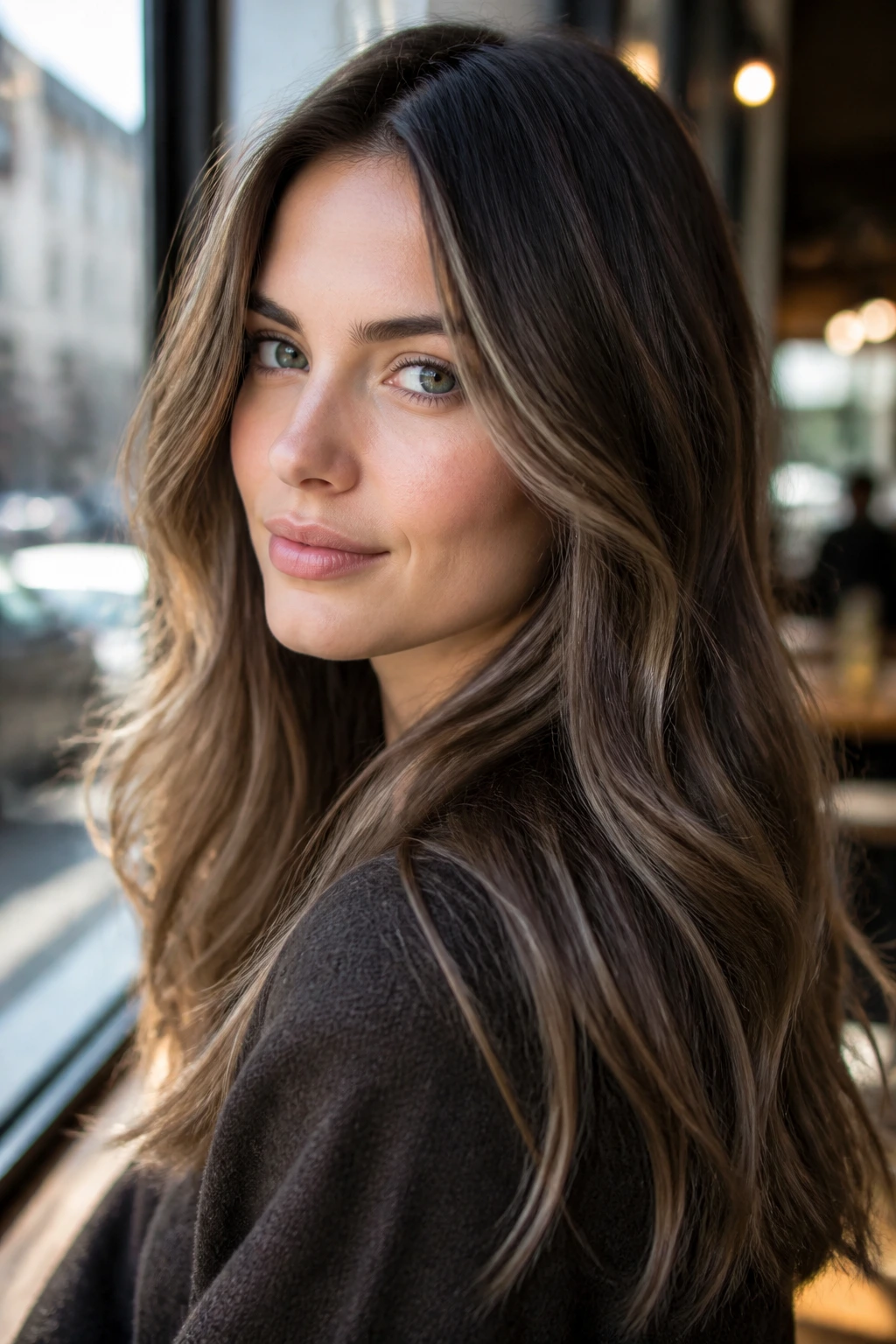 Close-up of cool brunette hazelnut balayage highlighting natural fall on a real woman