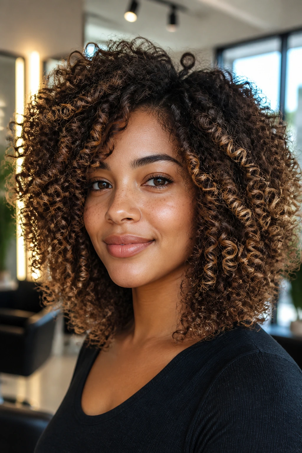 Close-up portrait of a real woman with curly hair featuring hazelnut balayage on outer curls.