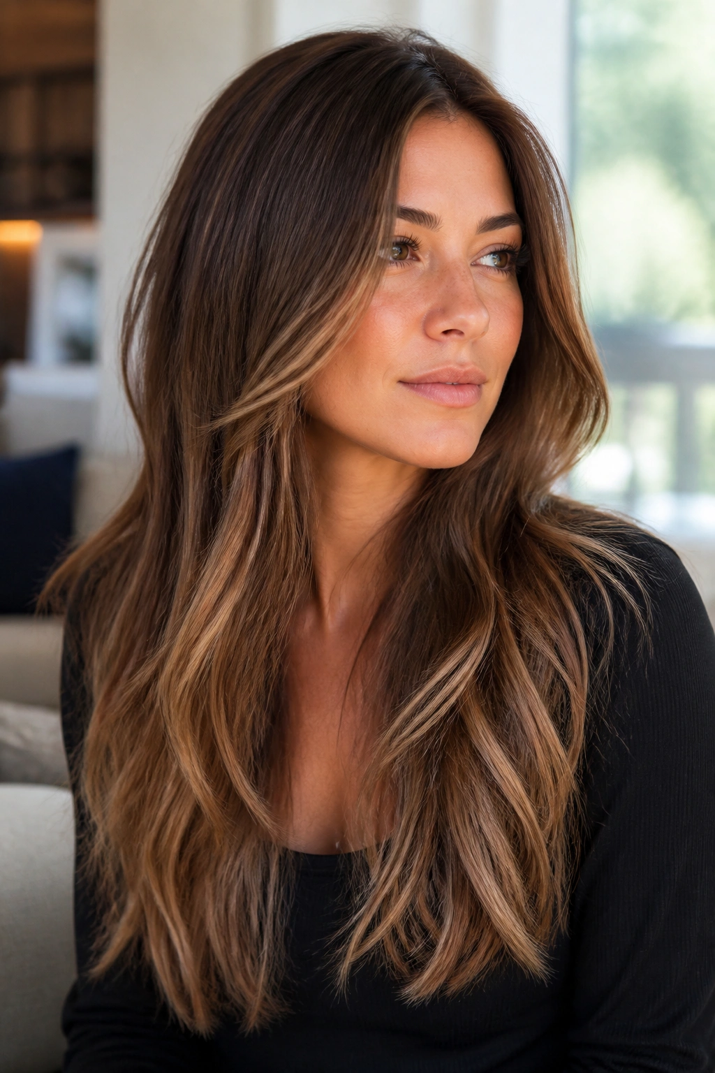 Woman with hazelnut balayage on long layers.
