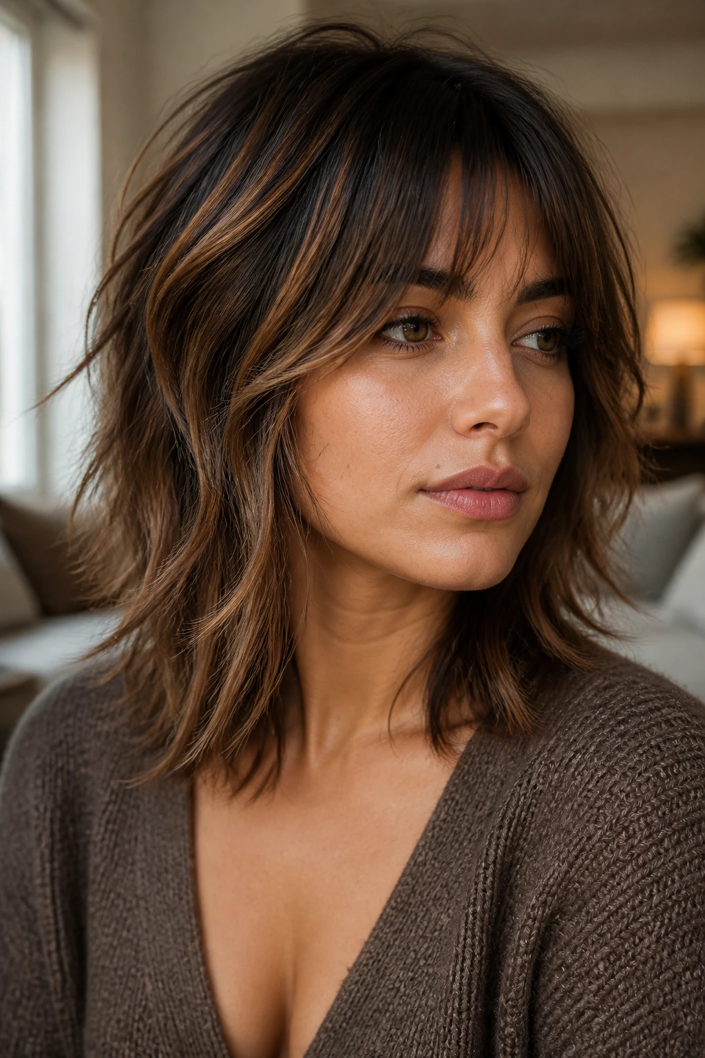 Close-up portrait of a real woman with hazelnut balayage on a modern shag