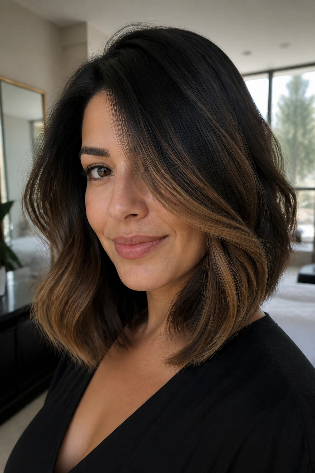 Real person with hazelnut balayage sweeping around a rounded lob