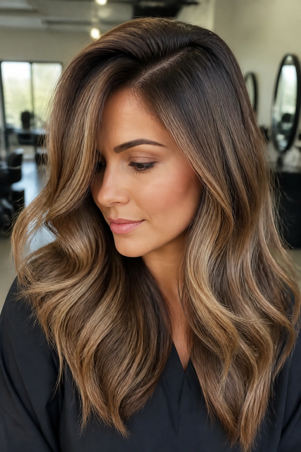 Close-up portrait of a real woman with hazelnut balayage and a deep side part.
