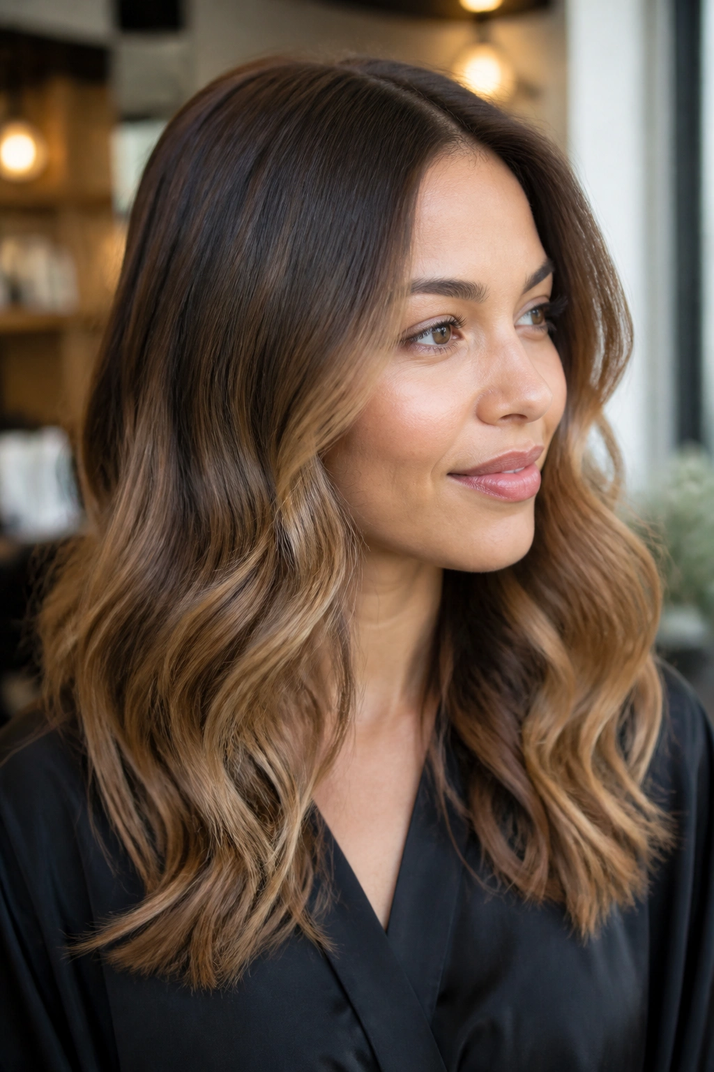 Close-up of a real woman with soft root-shadow hazelnut balayage