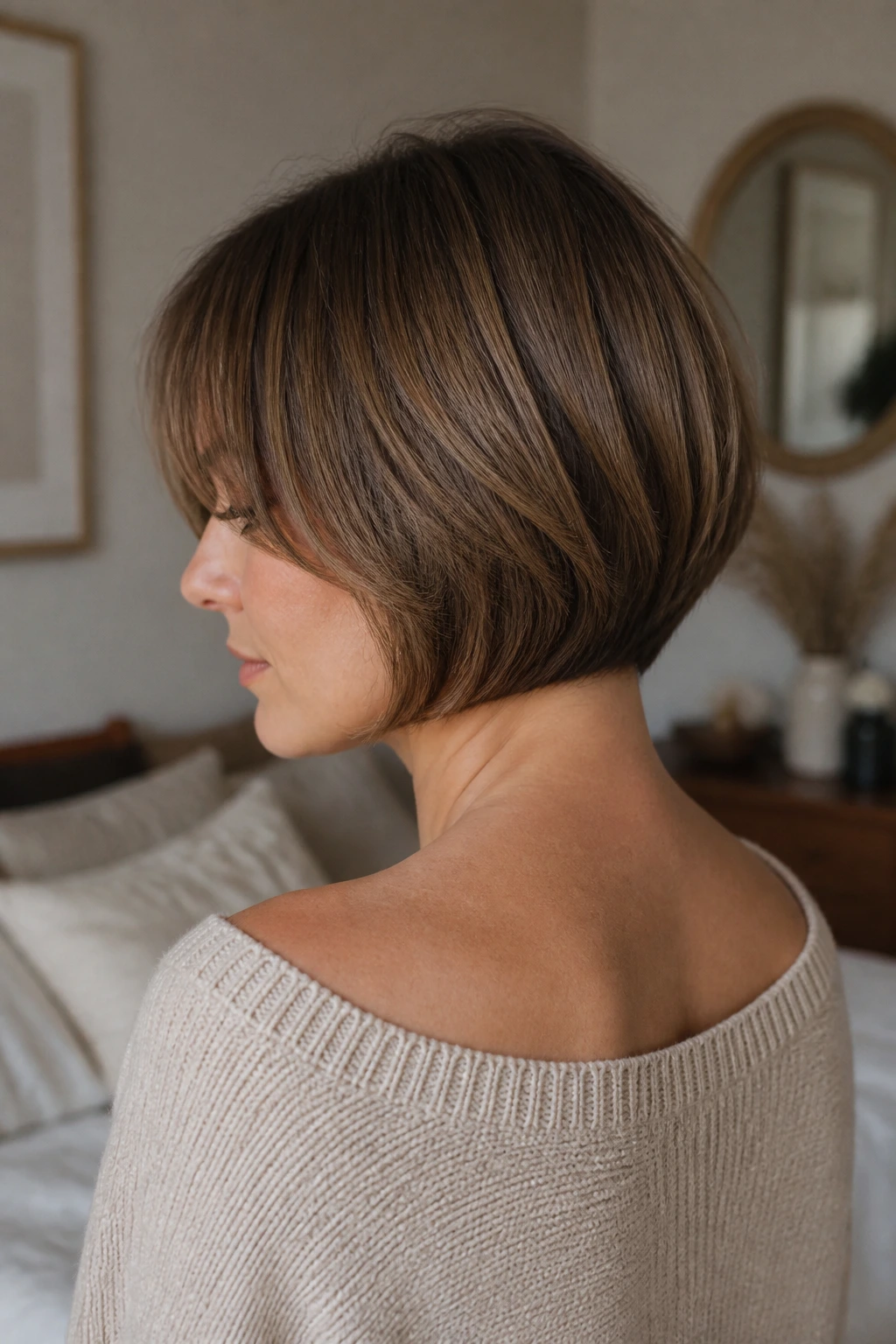 Three-quarter view of hazelnut brown bob with soft stacking at the nape