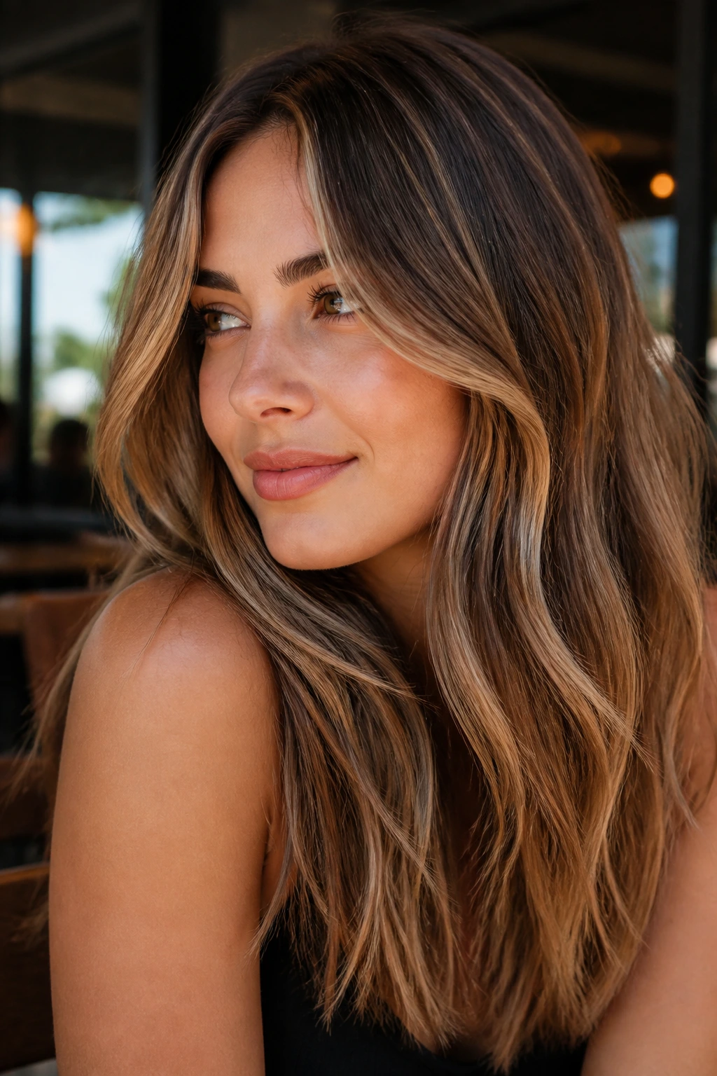 Close-up of real woman with hazelnut bronde hair and lighter face-framing highlights.