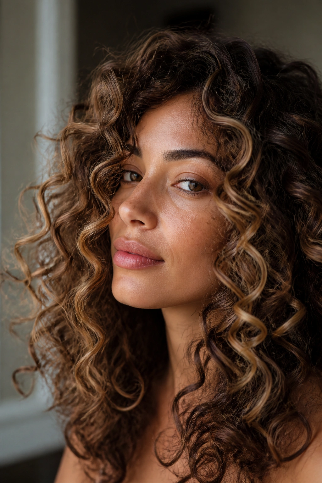 Close-up of hazelnut brown hair with soft balayage on a real person