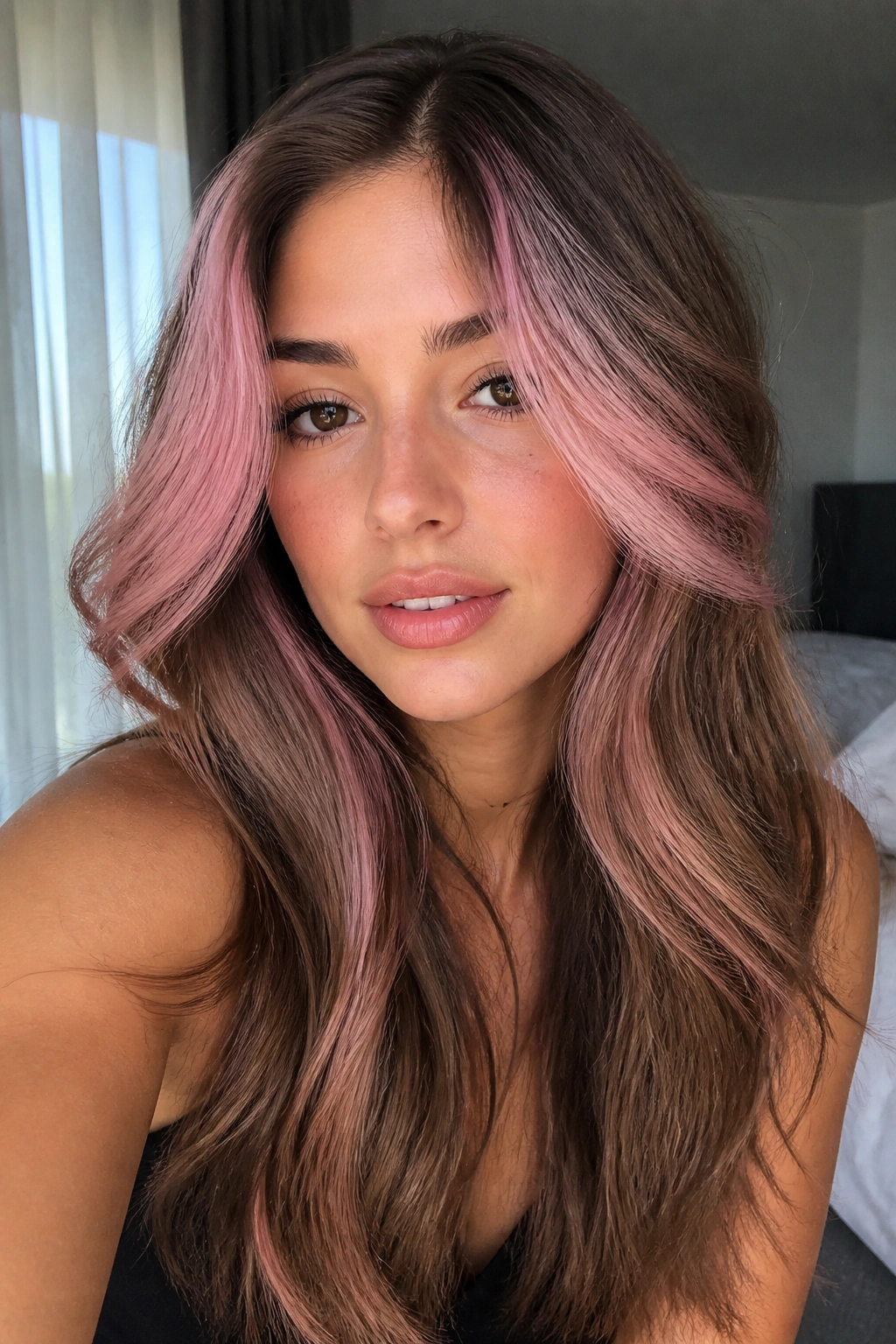 Close-up portrait showing hazelnut brown hair with blush pink face framing around the cheeks.
