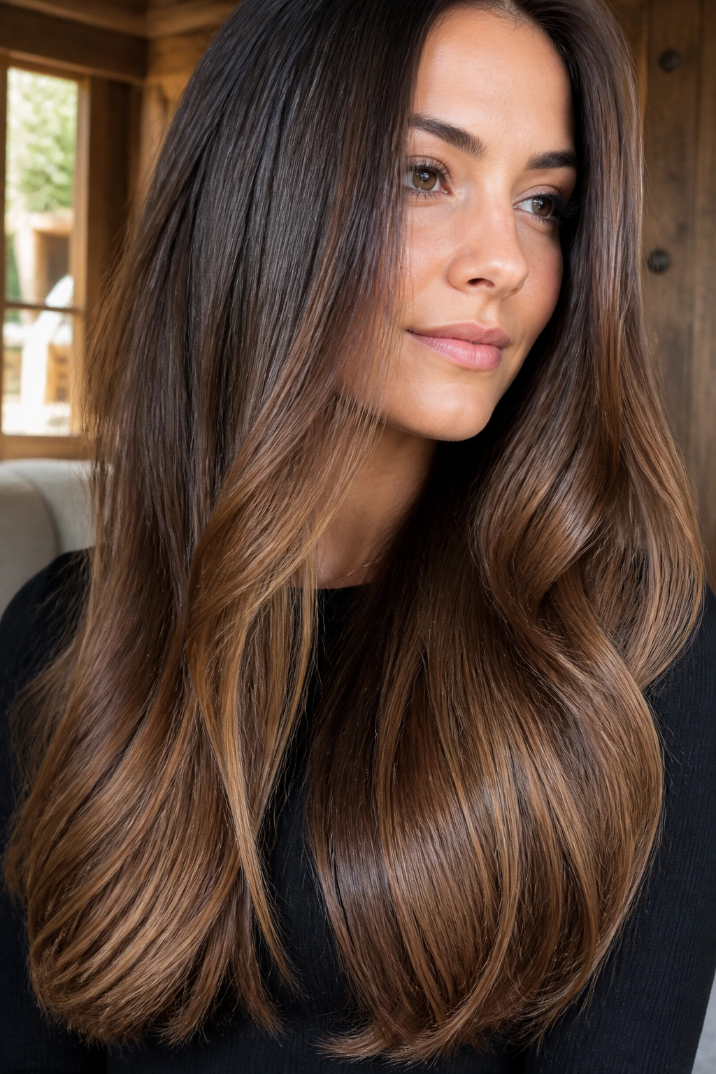 Close-up of a real woman with hazelnut brown ombre and glossy finish.