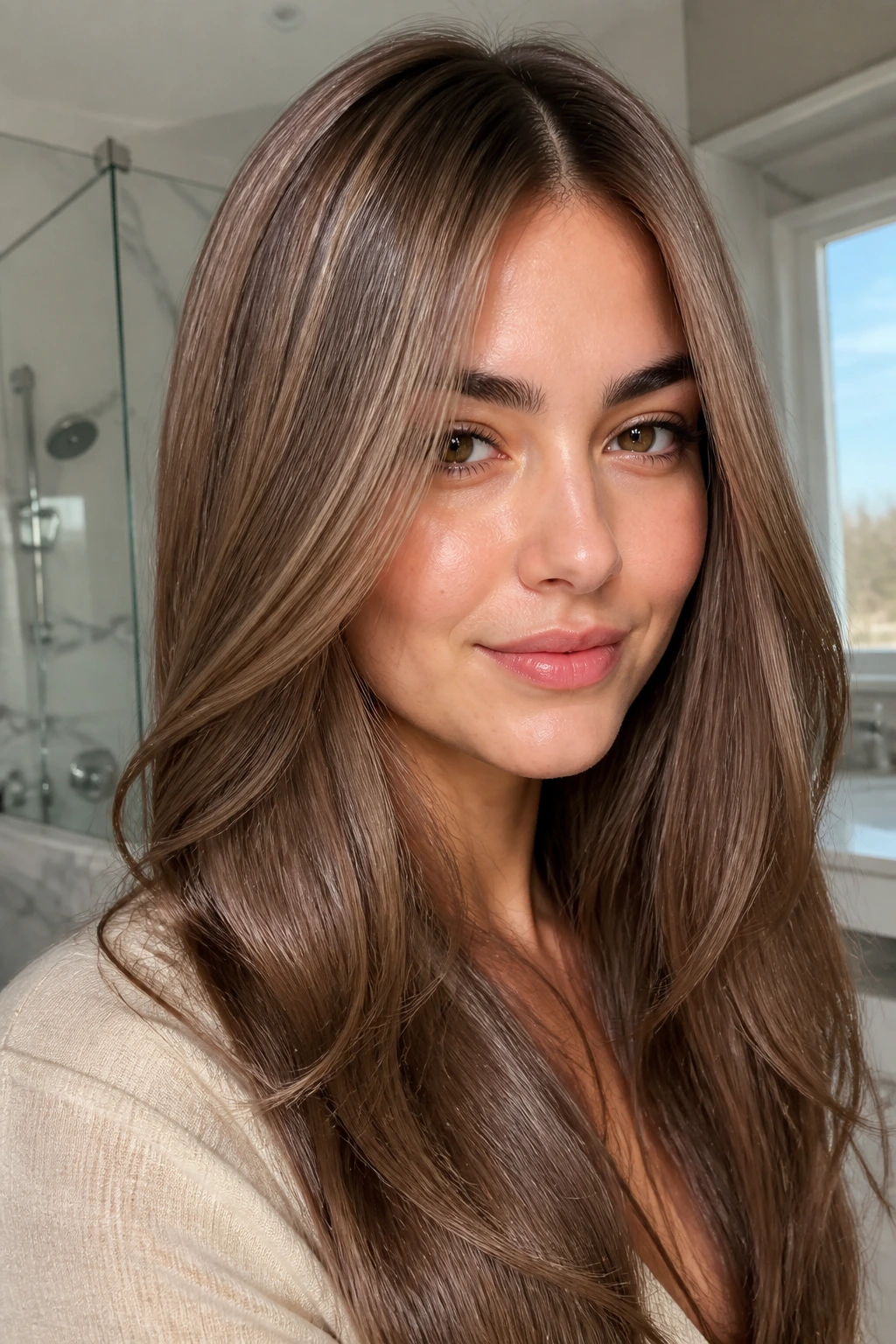 Close-up of hazelnut brown hair with pearl gloss on a real woman