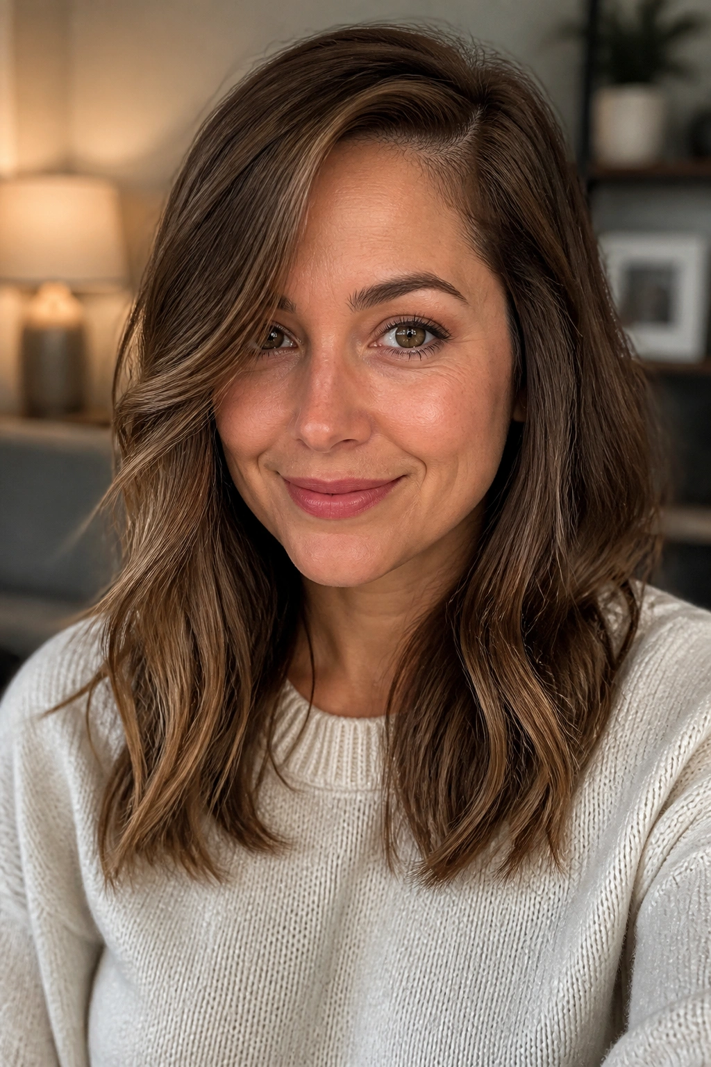 Real woman with hazelnut brown hair and a soft side part.
