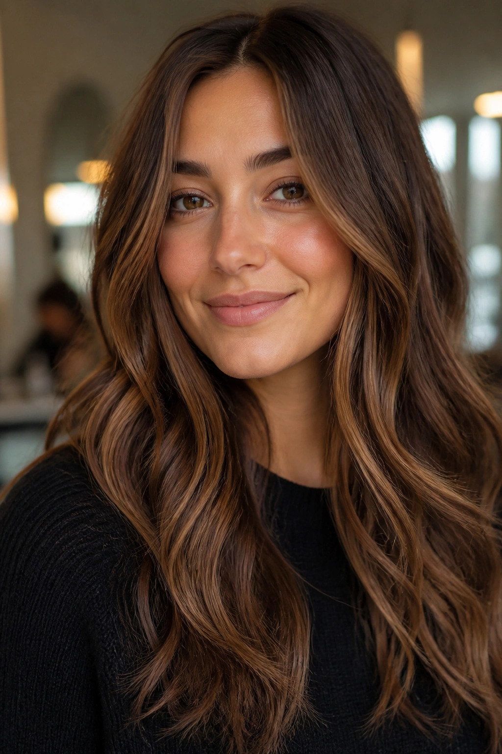 Close-up of hazelnut brown hair with vertical ribbons starting at chin