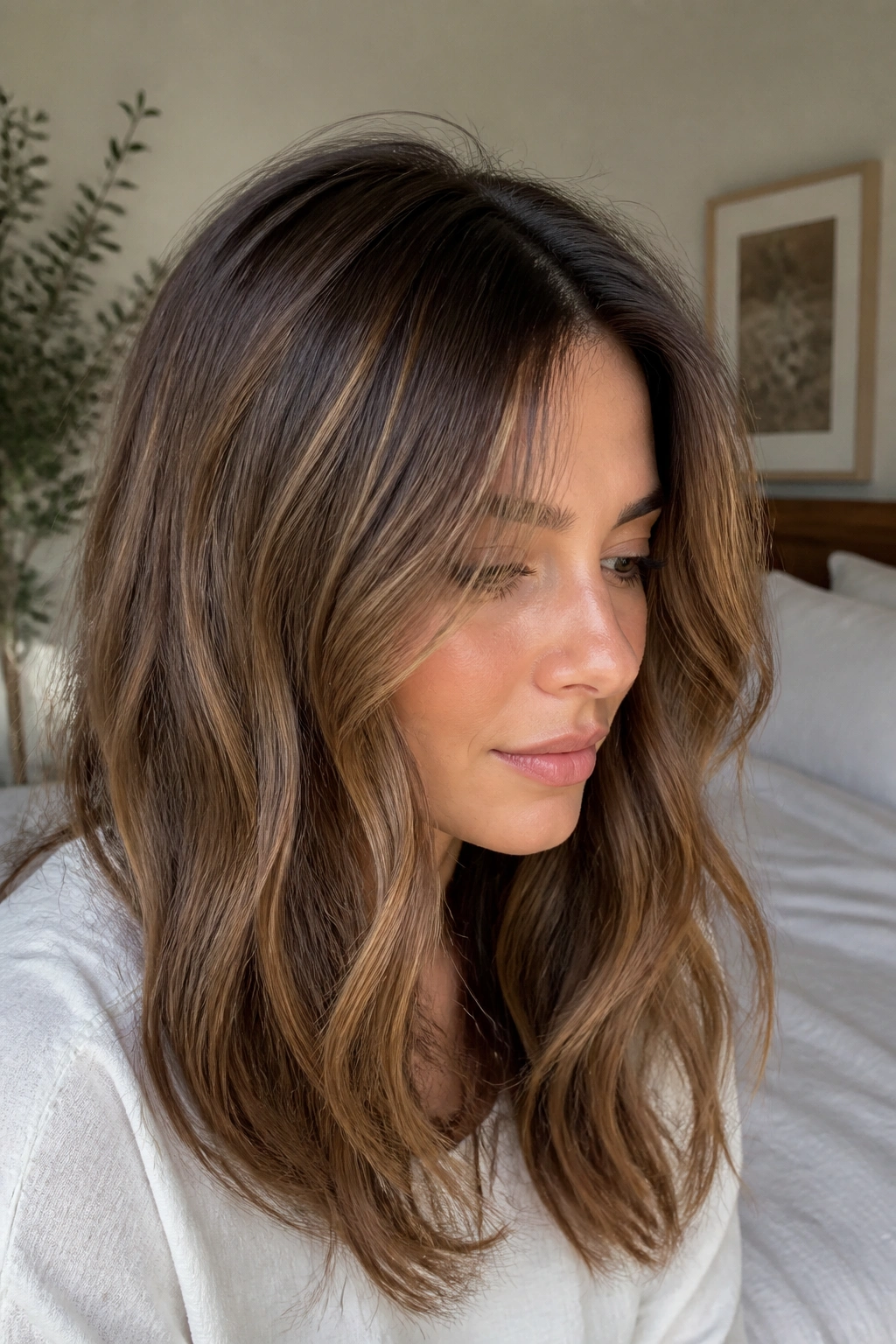 Close-up of a real woman with hazelnut brunette hair showing subtle golden-brown dimension