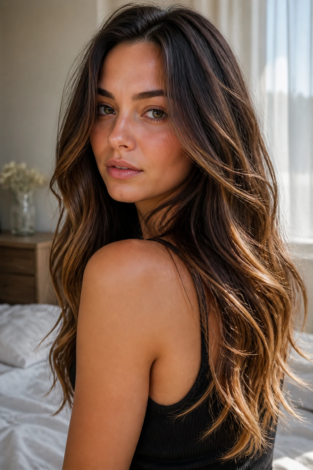 Close-up of a real woman with hazelnut brunette and gold dust ends