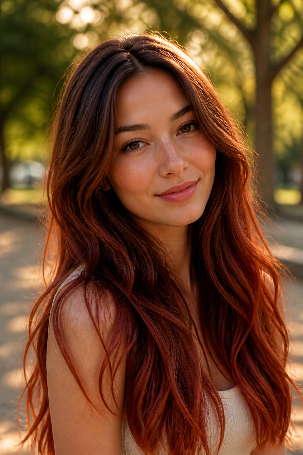 Close-up of a real woman’s long hair from hazelnut brown to burnt sienna