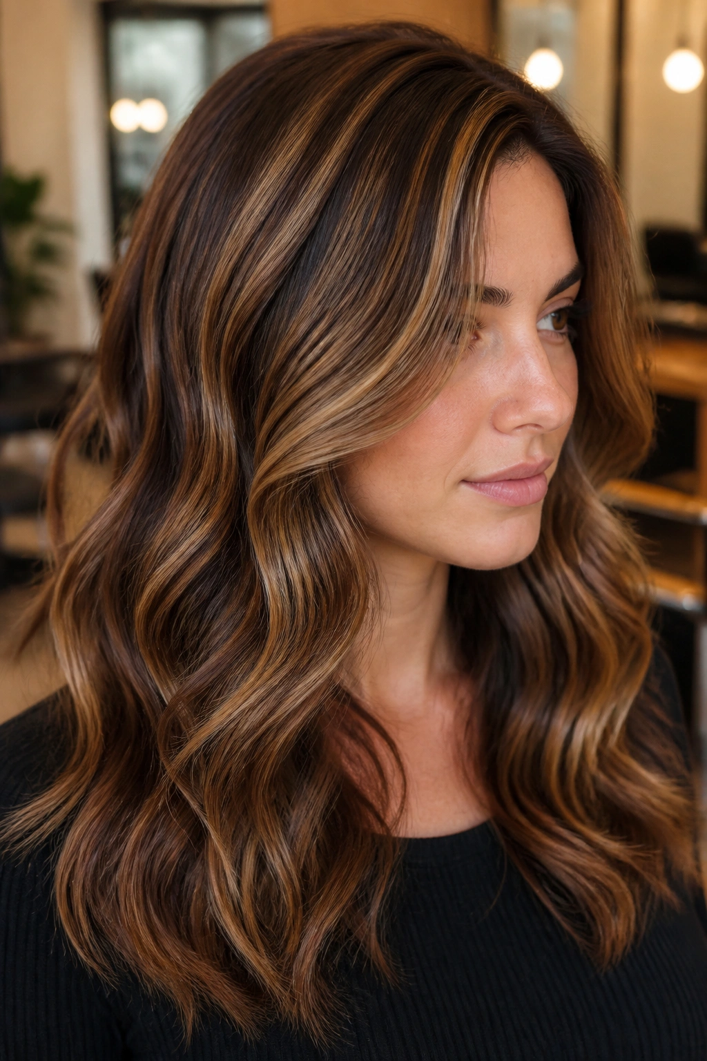 Close-up of a real woman with hazelnut highlights and cinnamon lowlights for dimension