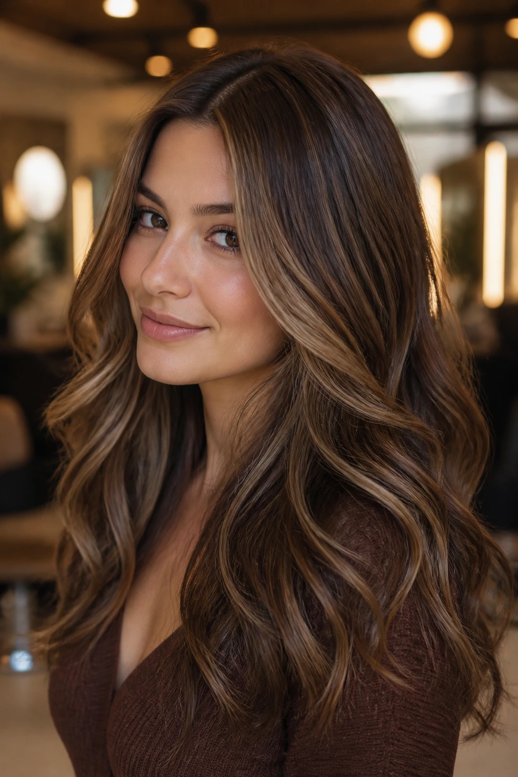 Close-up portrait of a real woman with hazelnut hair and cocoa lowlights