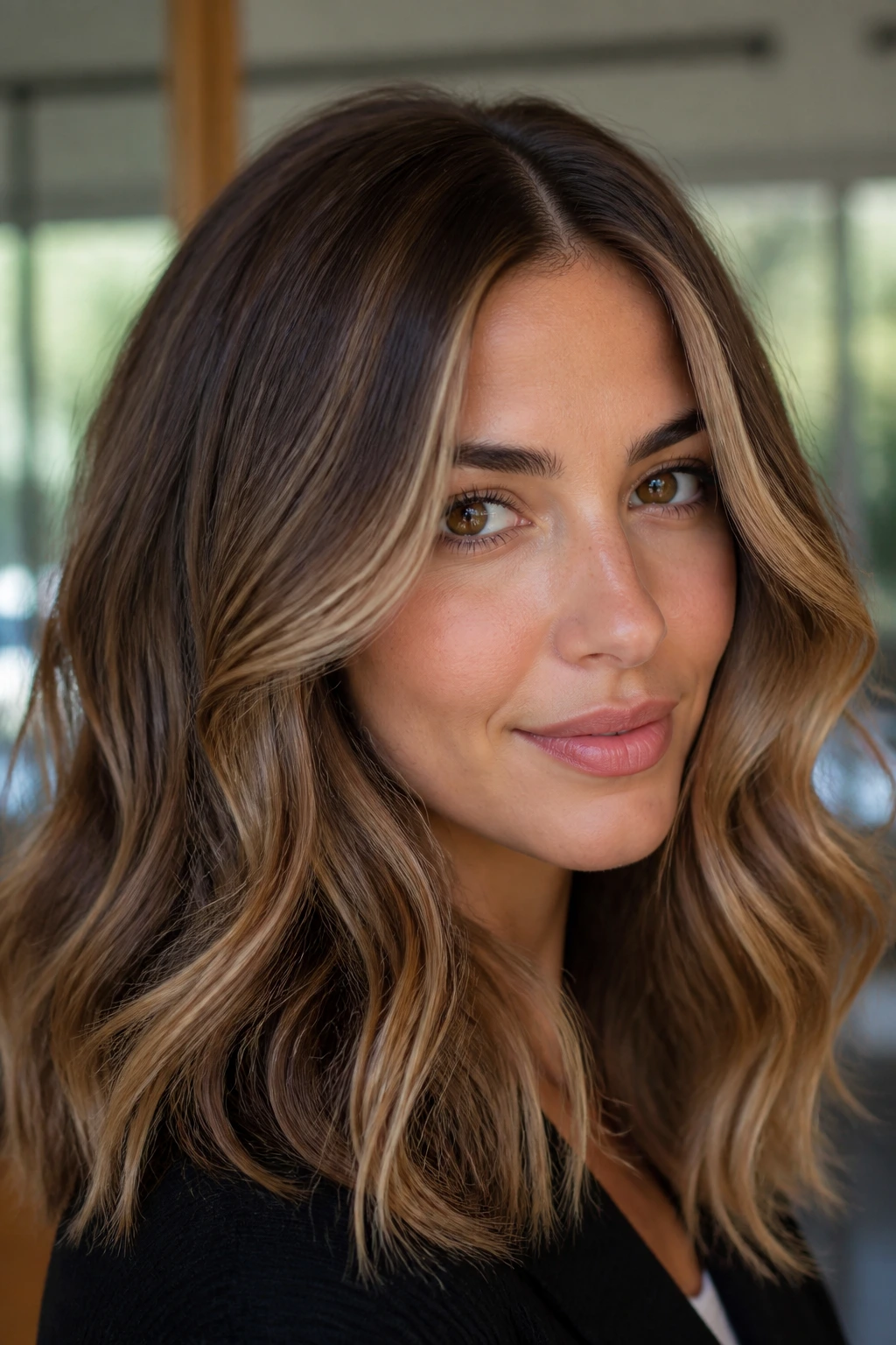 Close-up of hazelnut contour highlights framing the face on brown hair