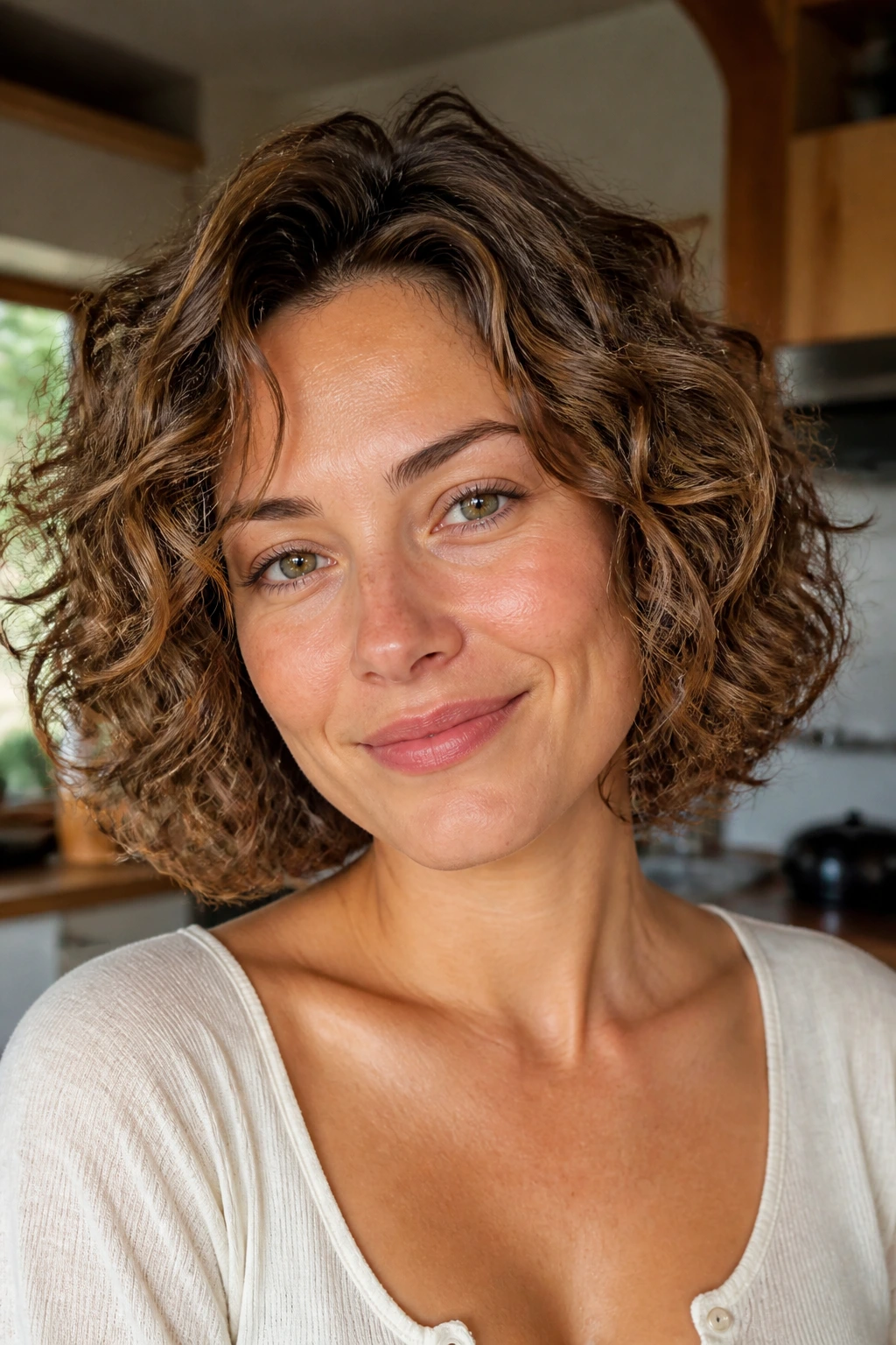 Close-up of a real woman with hazelnut curls bob in a warm kitchen