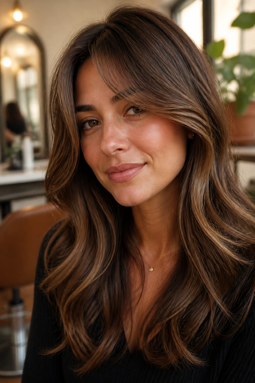 Close-up of a real woman with hazelnut highlights around curtain bangs