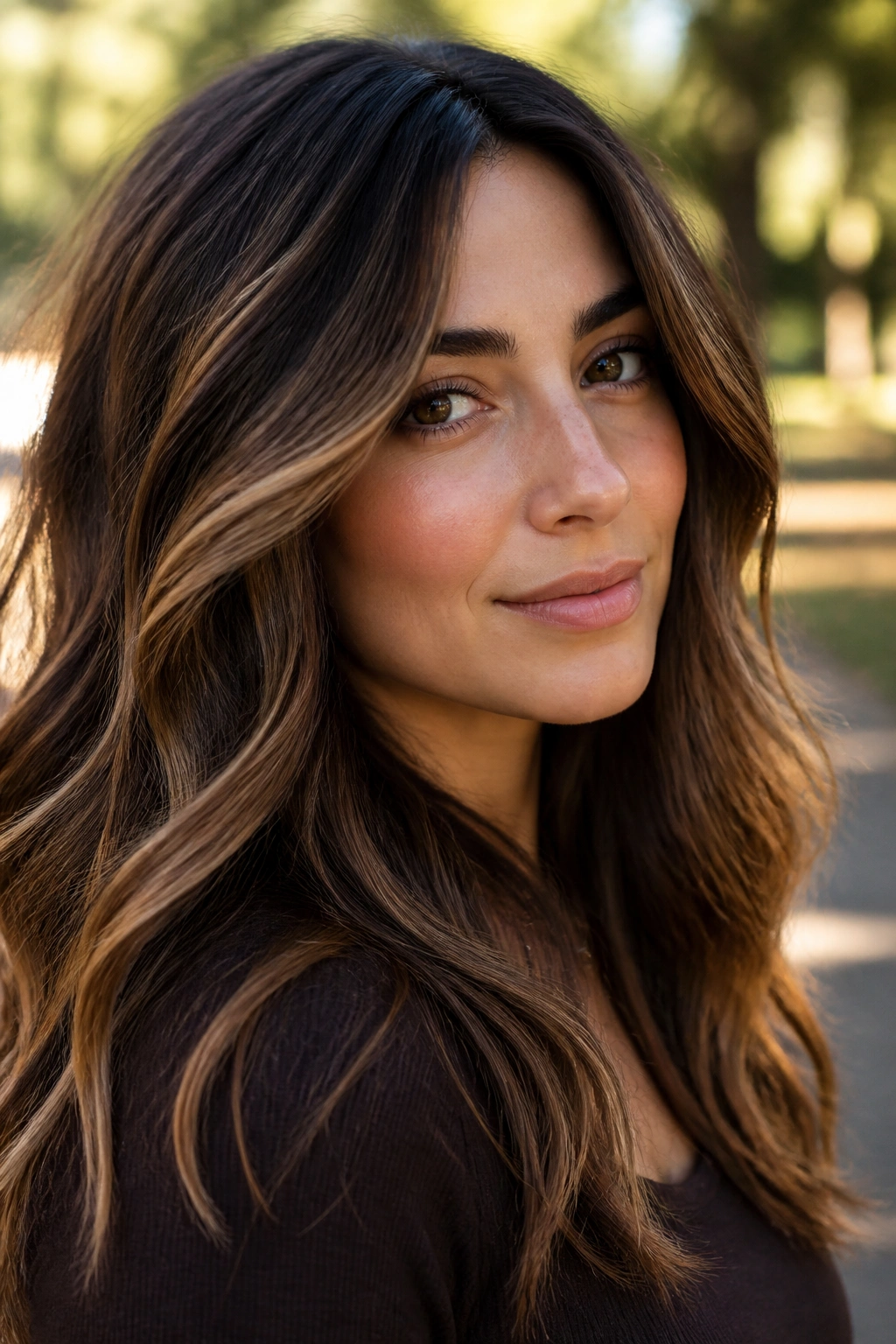 Close-up portrait of a real woman with hazelnut dimension in wavy hair.