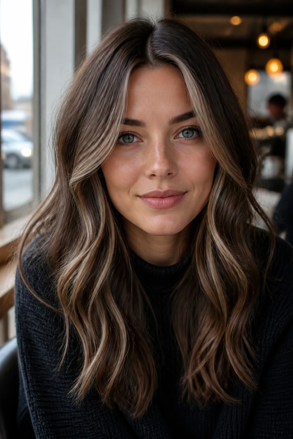 Portrait of a woman with iced hazelnut face-framing ribbons near the face under soft daylight.