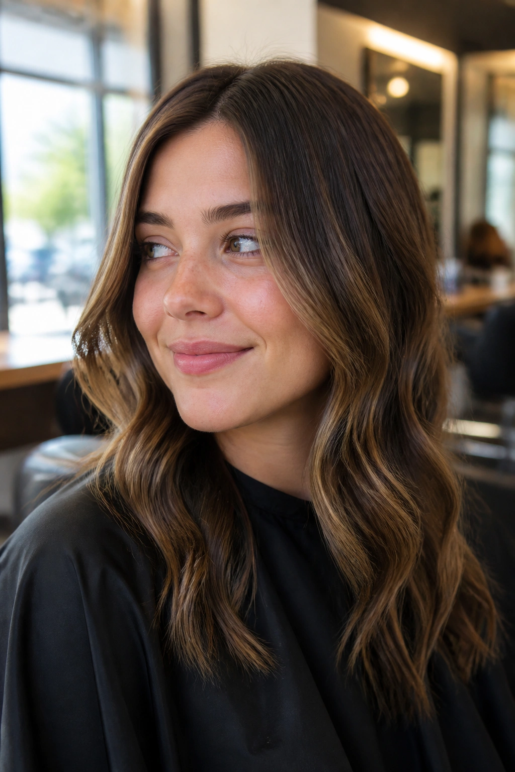 Close-up of a real woman with subtle hazelnut lift for a first color appointment