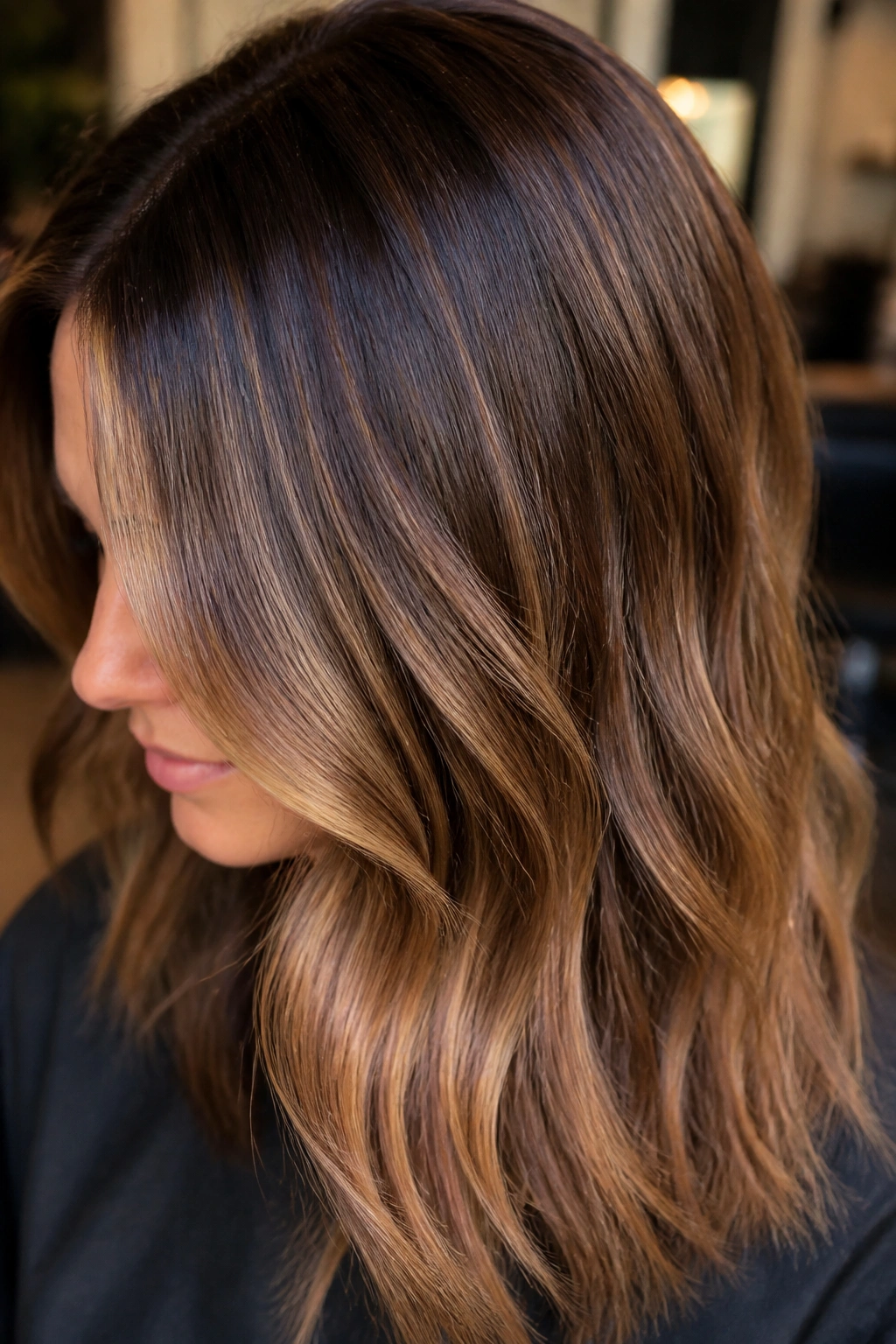 Brown hair with hazelnut gloss adding warmth and shine to faded color