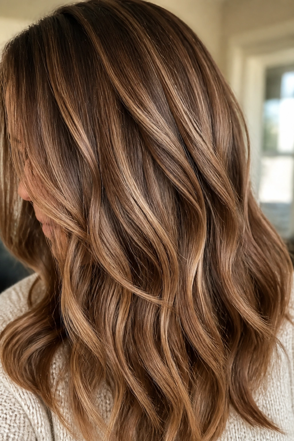 Close-up of hazelnut highlights on mid-to-light brown hair