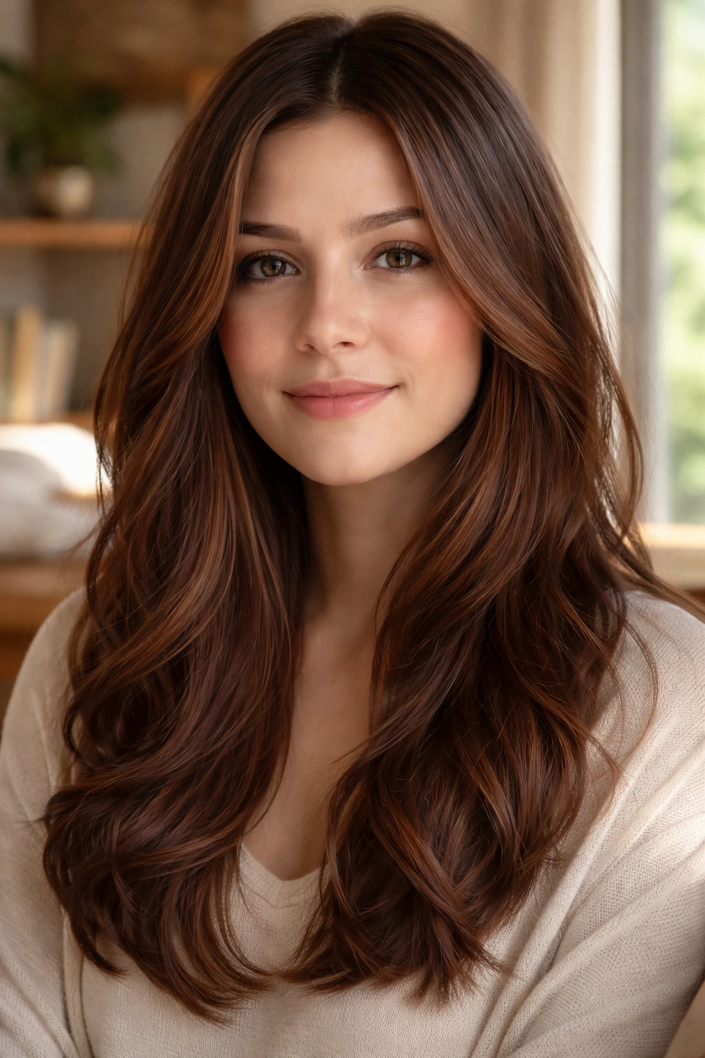 Close-up of Subtle Spiced Hazelnut hair color on a real woman with a natural look