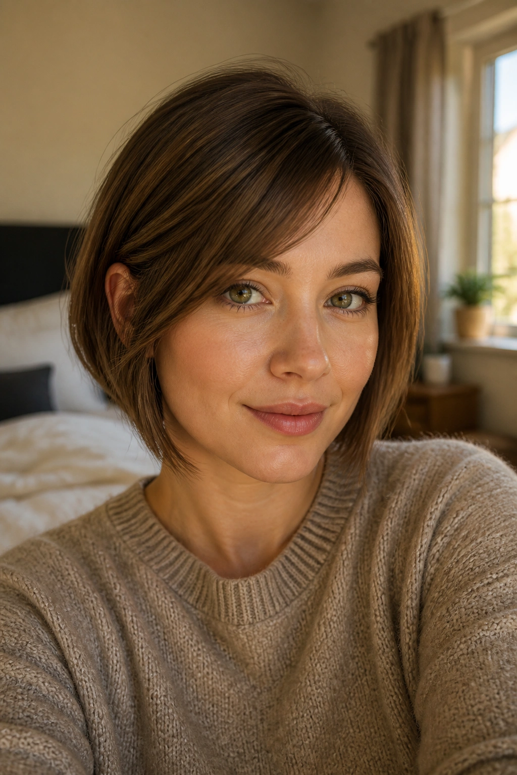 Close-up of ear-length hazelnut frames on a round-faced woman in natural window light