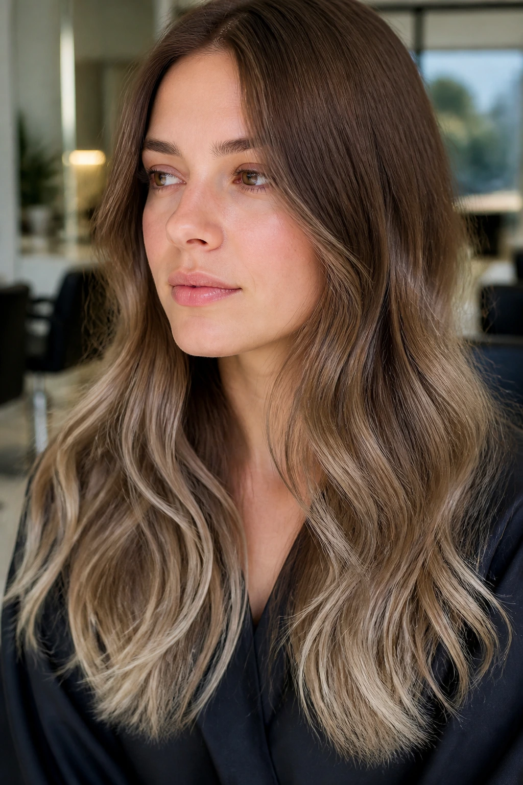 Close-up portrait of hazelnut hair with beige-ash frosted ends on a real woman