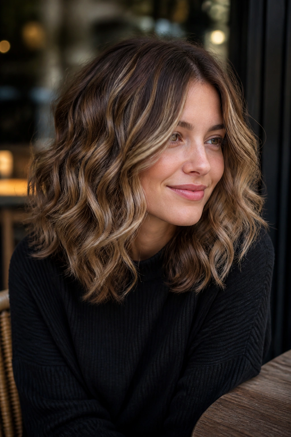 Portrait of a woman with beige hazelnut ribbon highlights in curls.