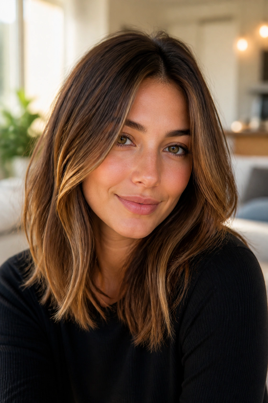 Close-up of brunette with hazelnut highlights in natural window light