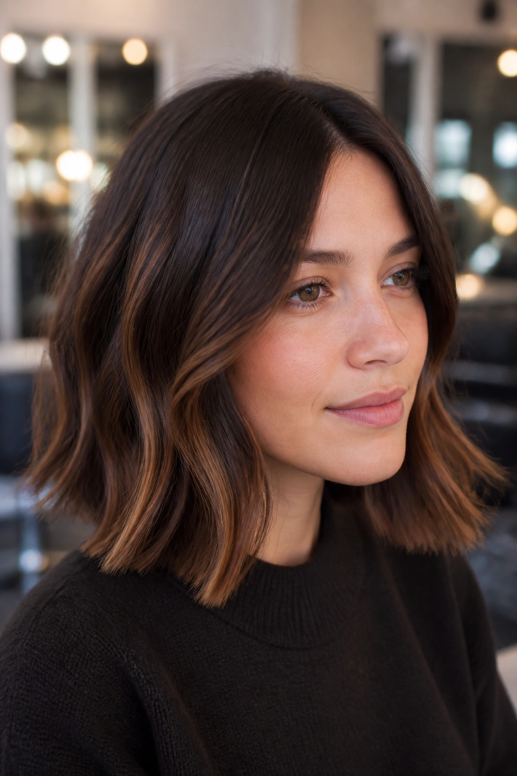 Chocolate brown lob with hazelnut highlights peeking under the top layer