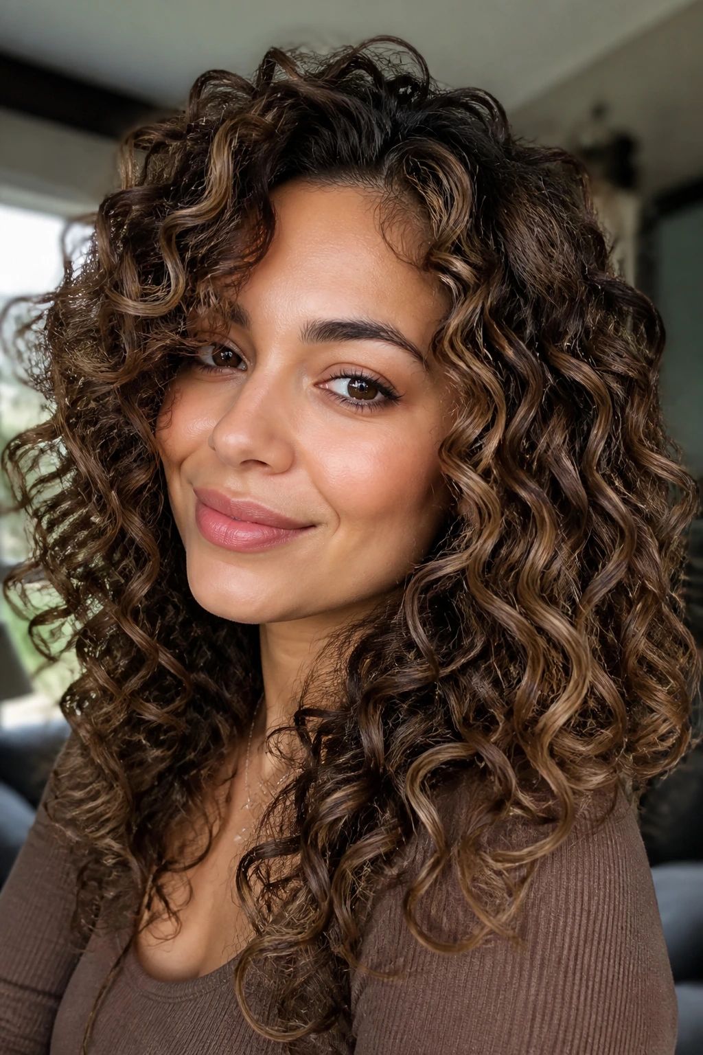 Close-up of hazelnut highlights on curly hair on real person