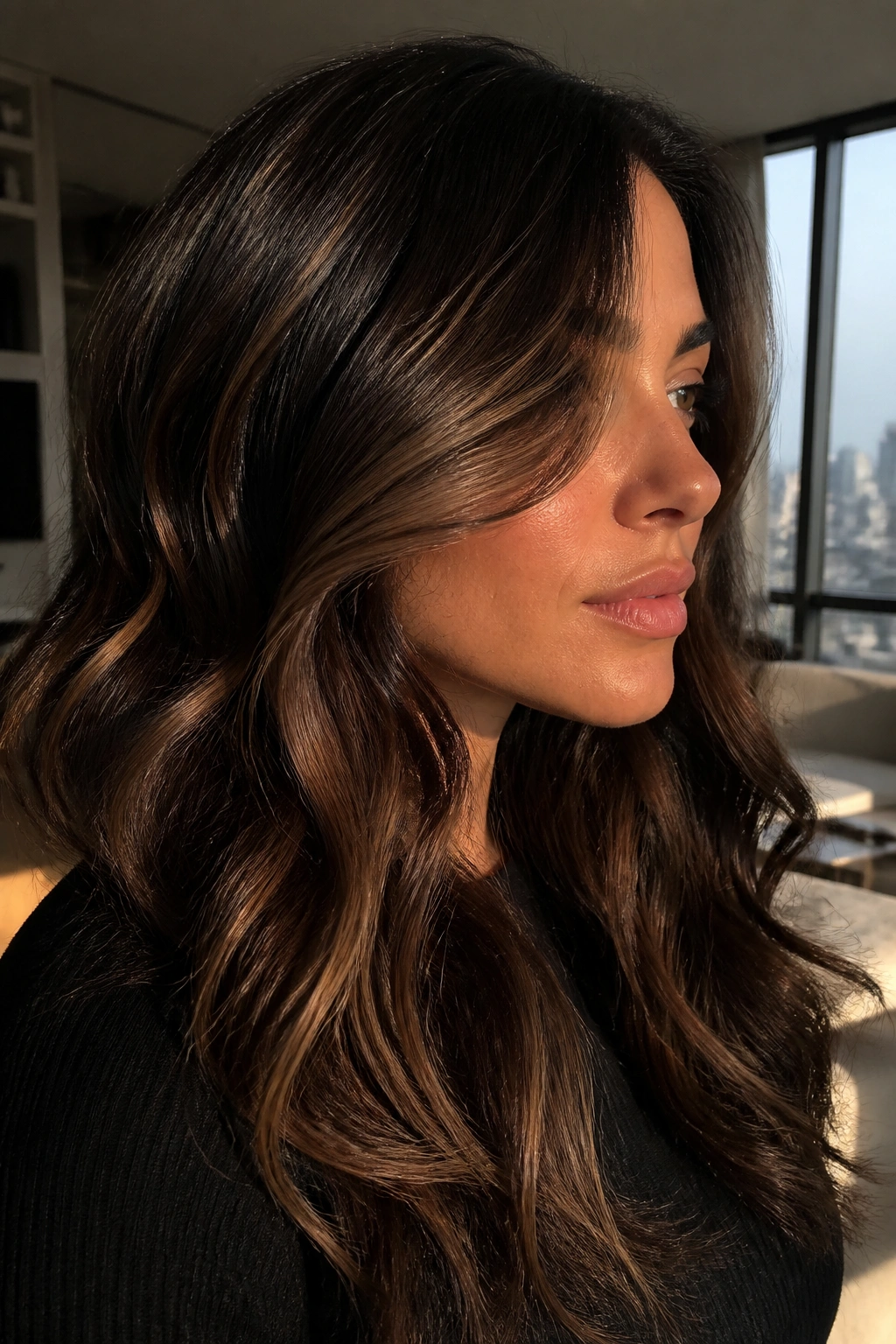 Close-up of very dark brown hair with high-contrast hazelnut highlights