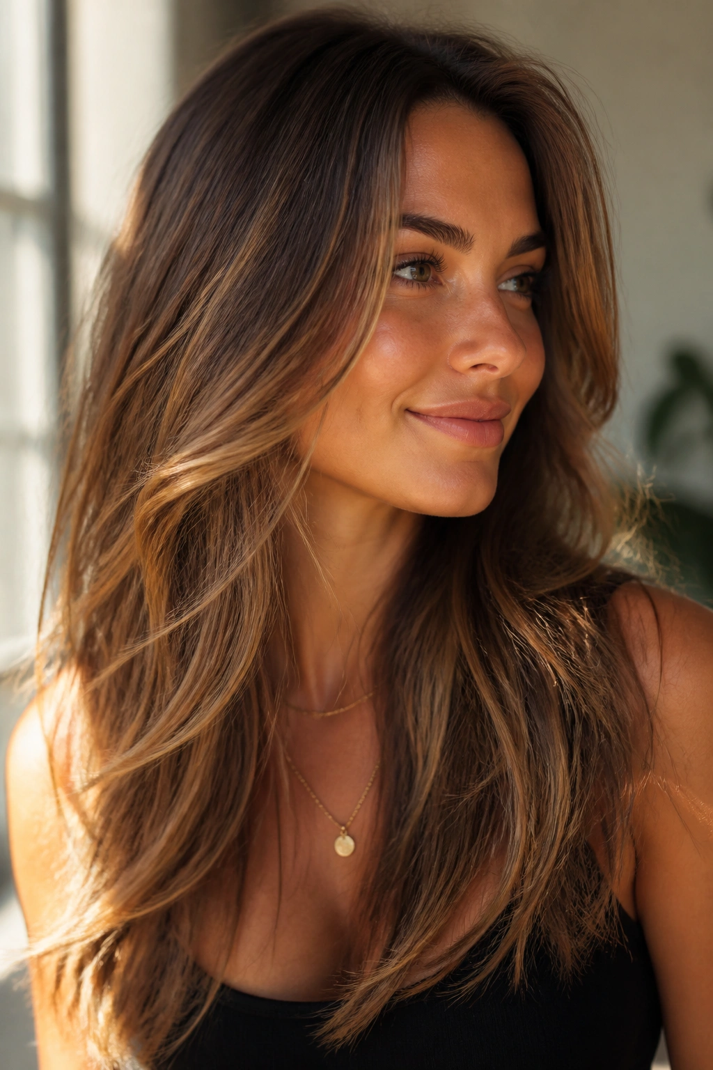 Close-up of sun-kissed hazelnut highlights on long layered brown hair