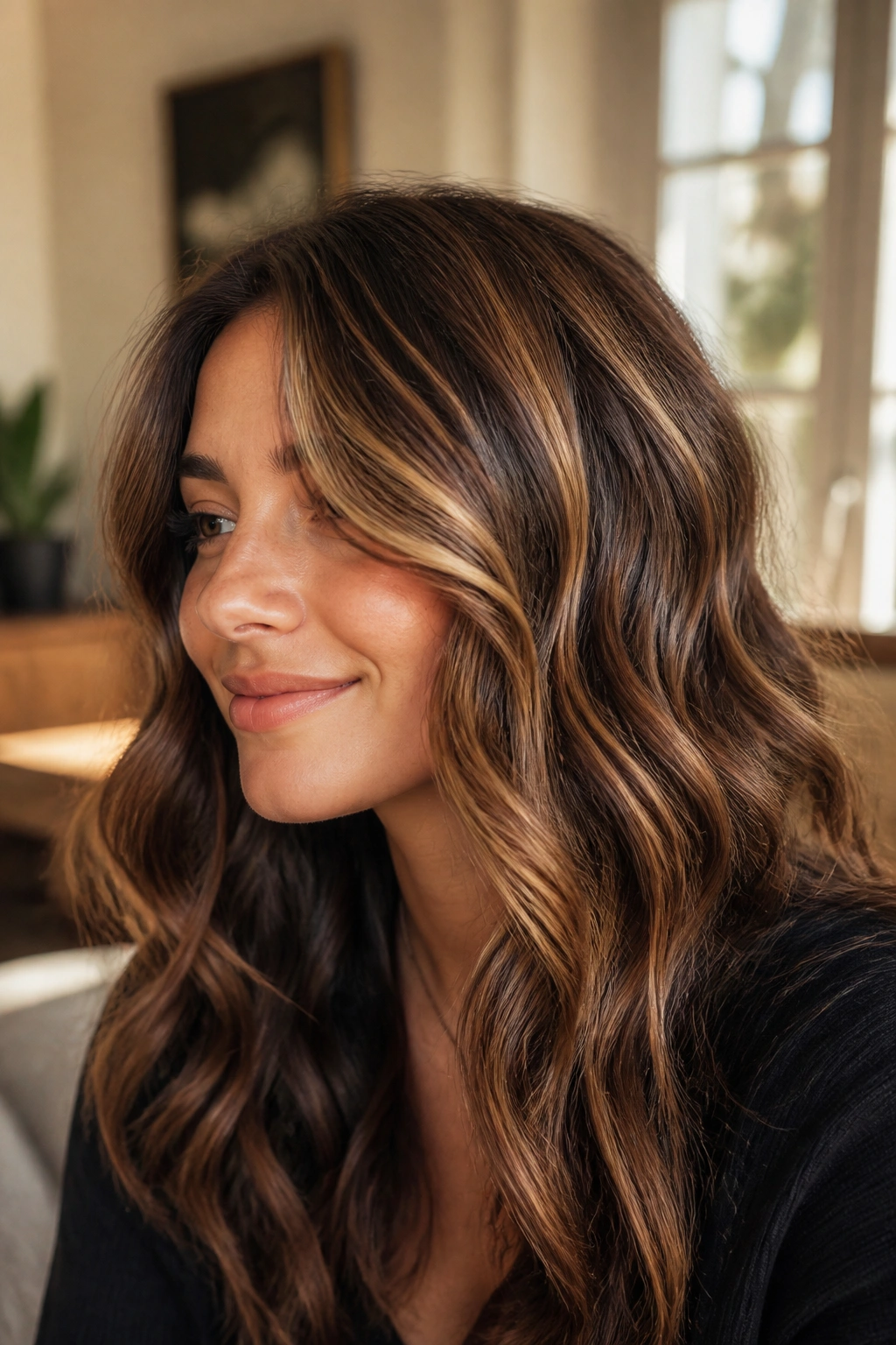 Portrait of hazelnut highlights on wavy brown hair with airy placement