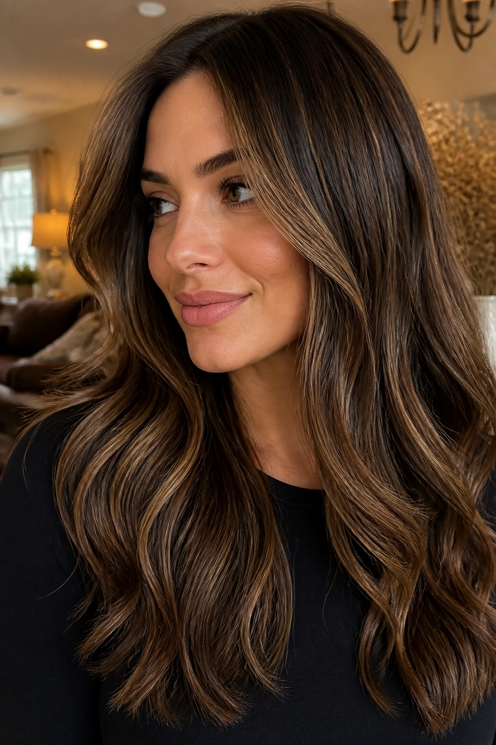 Close-up of brown hair with hazelnut lowlights for depth.