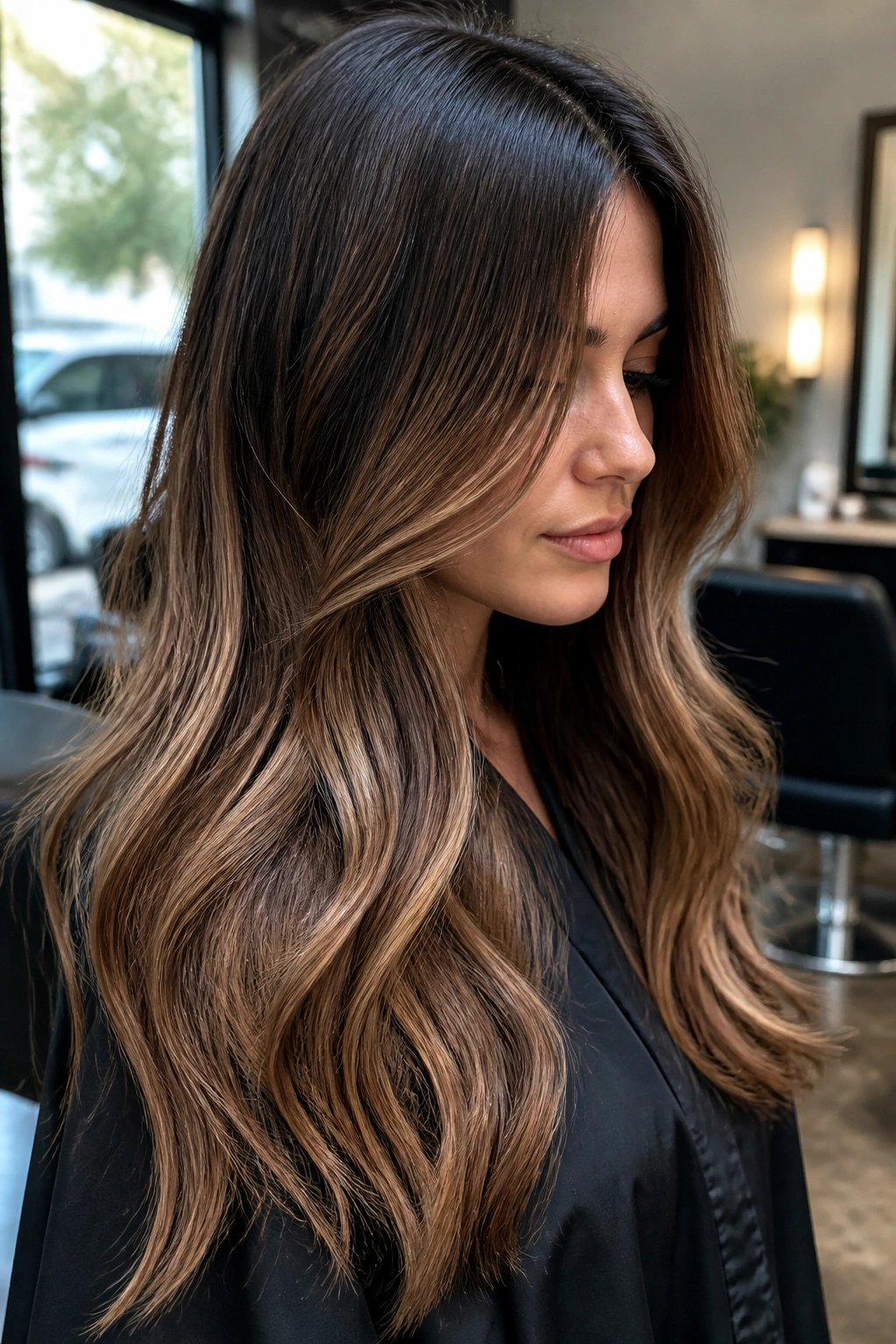 Close-up of a real woman with a seamless warm hazelnut melt from dark brunette roots to hazelnut ends