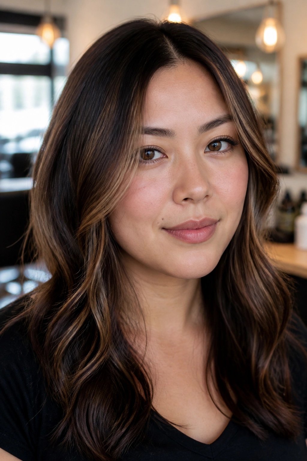Close-up of a real woman with cheekbone-skimming hazelnut money pieces for a round face