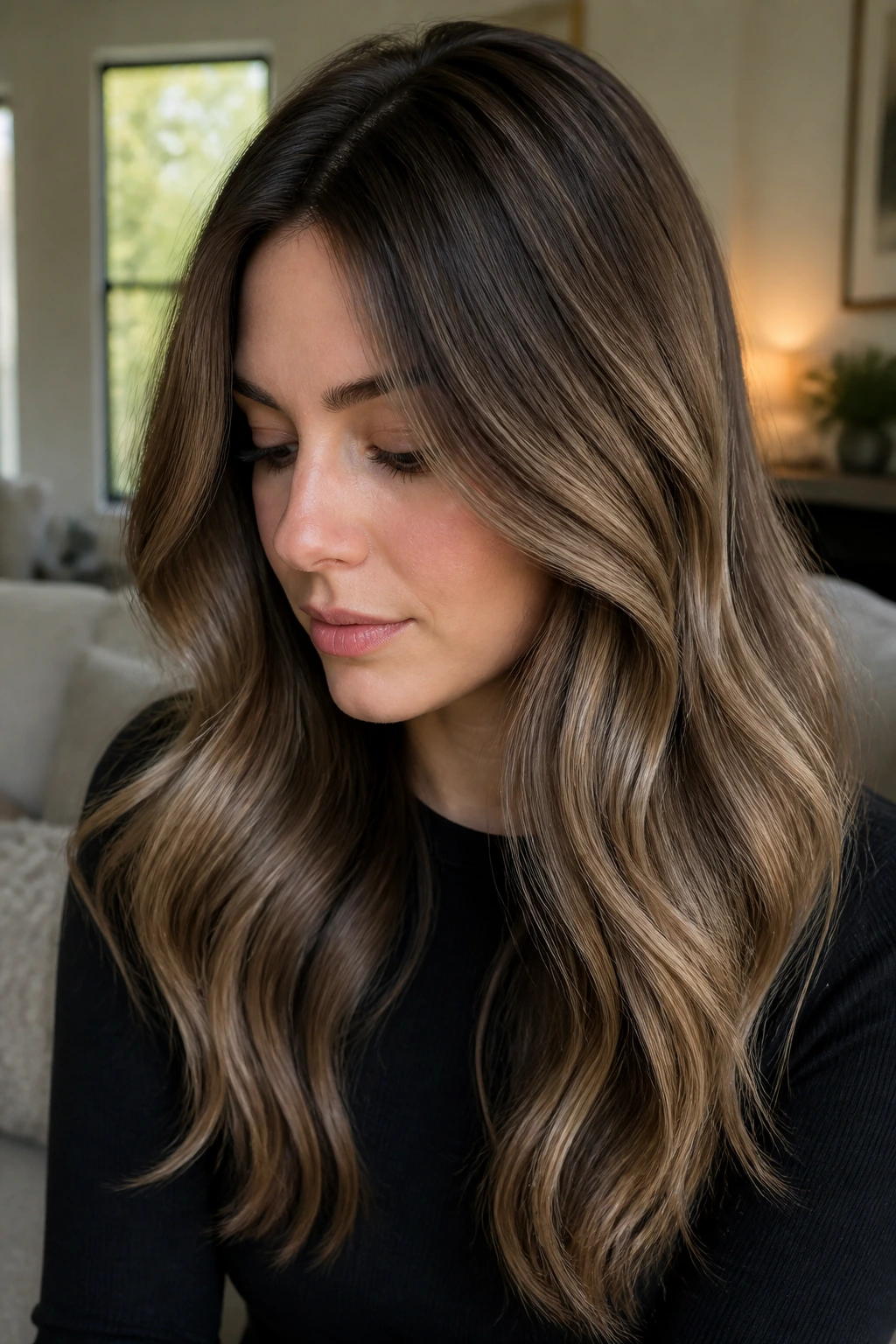 Portrait of a real woman with hazelnut and mushroom brown melt gradient